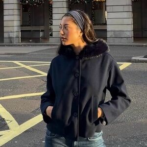 Chic Navy Fur-Collar Women's Pea Coat - Never Been Worn!